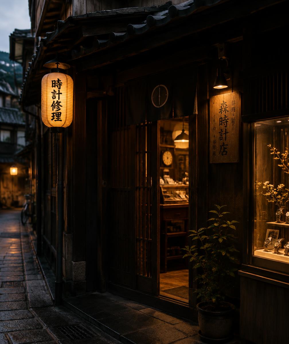 A traditional watch atelier in a Kyoto alley at dusk